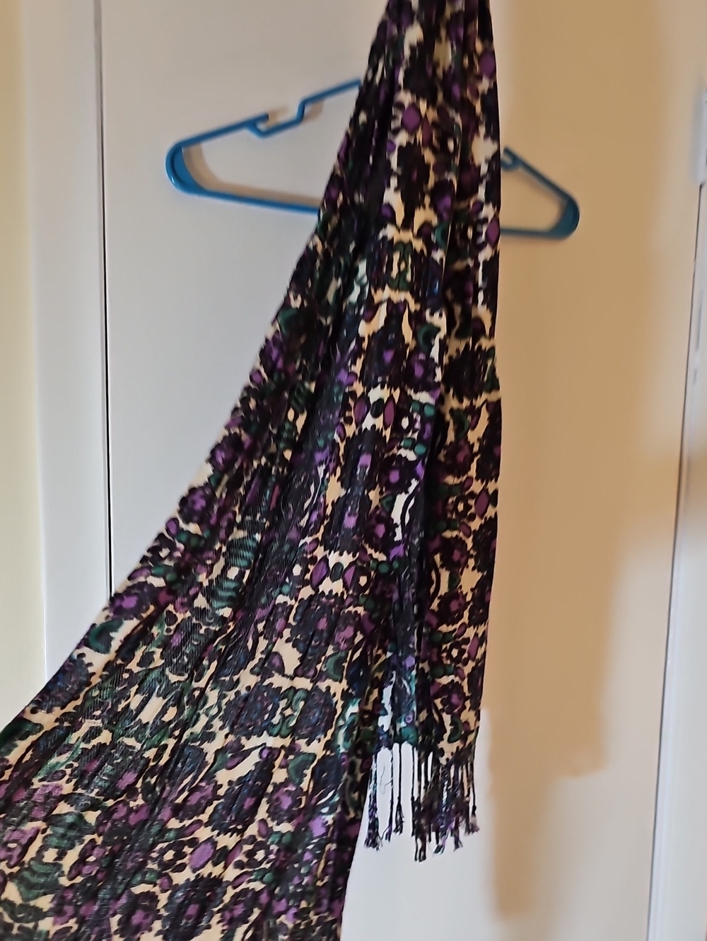 Floral Print Fringe Scarf in Purple, Teal & Cream